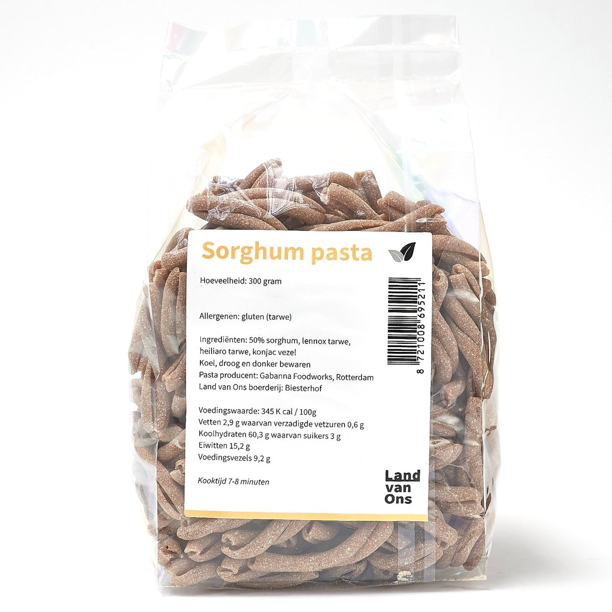 Etiket van de sorghumpasta met ingrediënten, allergenen en kooktijd