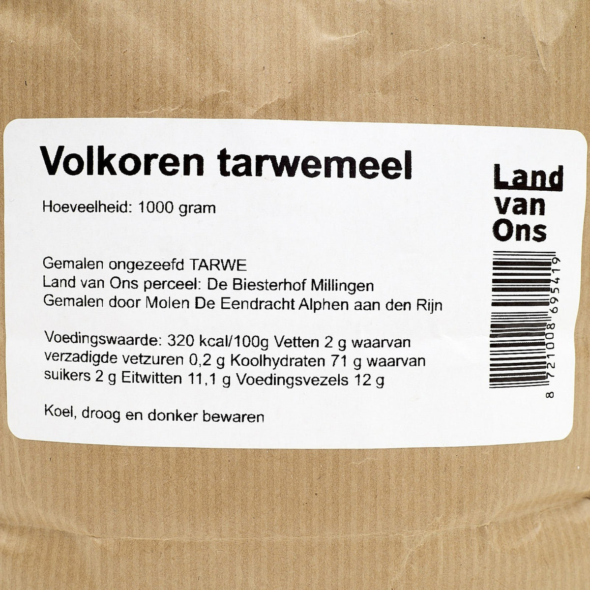 Etiket van het volkoren tarwemeel met herkomst De Biesterhof en molen De Eendracht