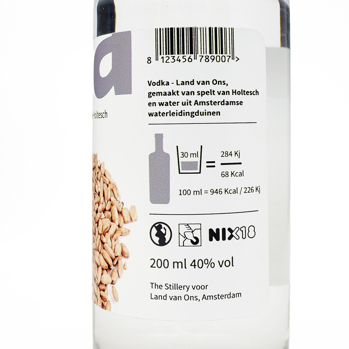 Achteretiket van de vodka van Land van Ons, gestookt door The Stillery van spelt van de Holtesch
