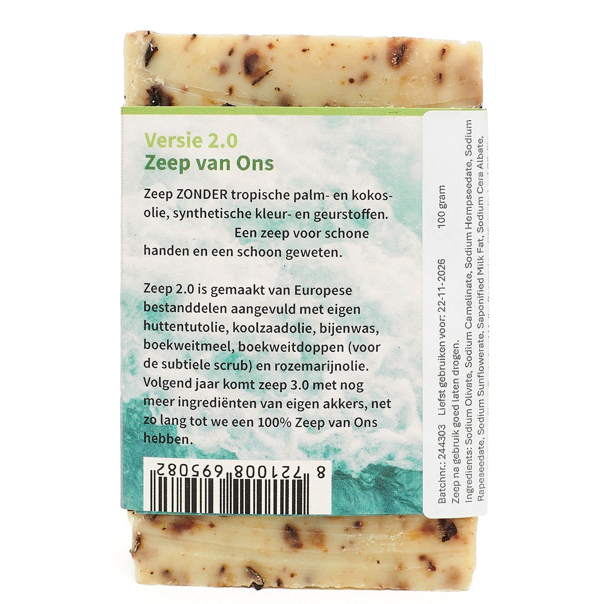 Achterkant van de verpakking van Zeep van Ons 2.0, met uitleg en ingrediënten