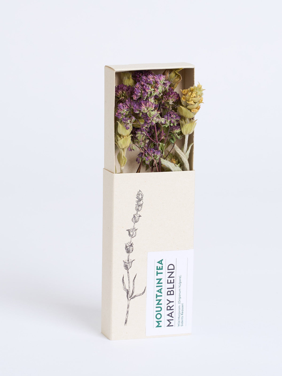 Open mini-doosje Mary Blend van Lemon Poppy met bergthee en paarse marjoleinbloemetjes