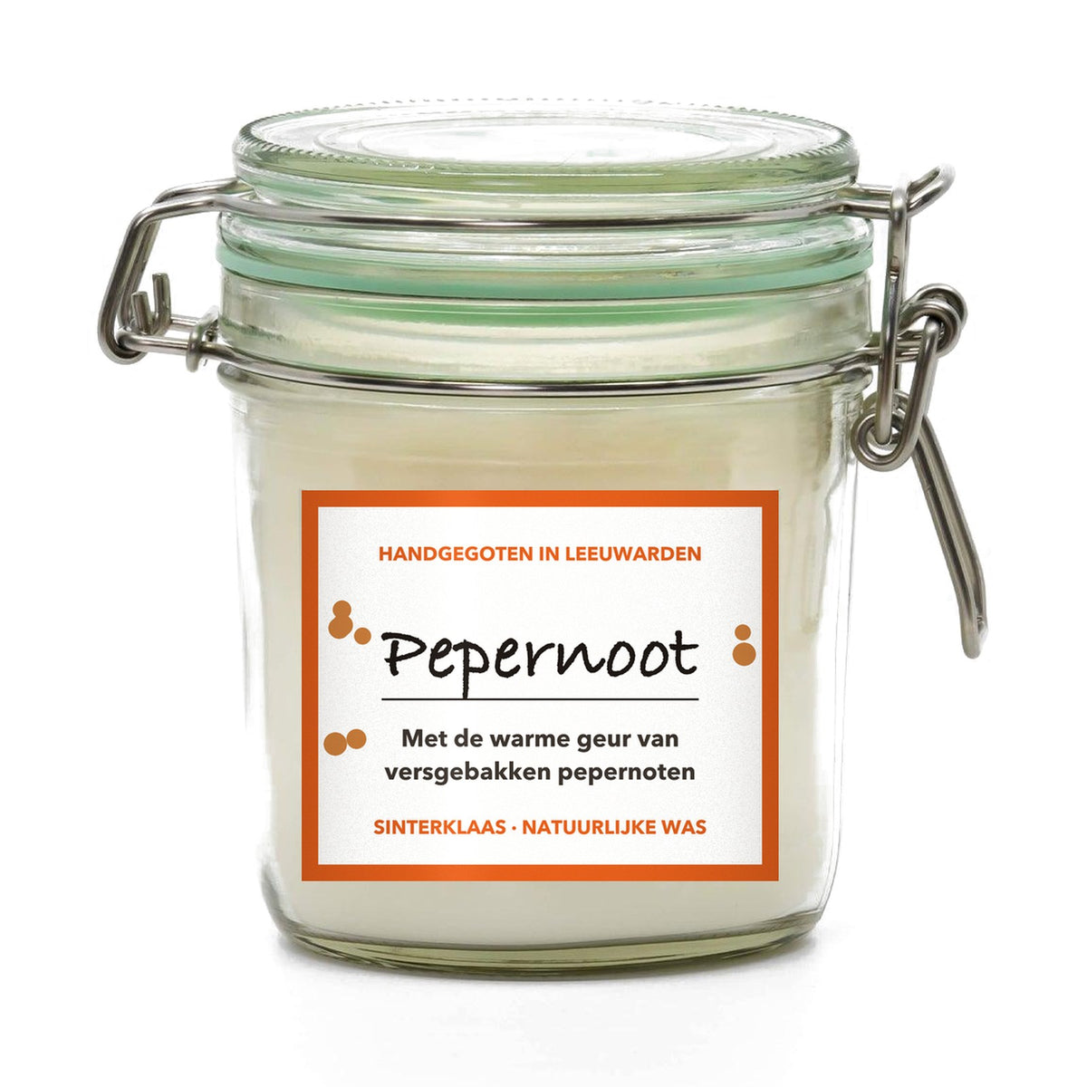 Pepernotengeurkaars groot in een geredde weckpot met klem, op wit
