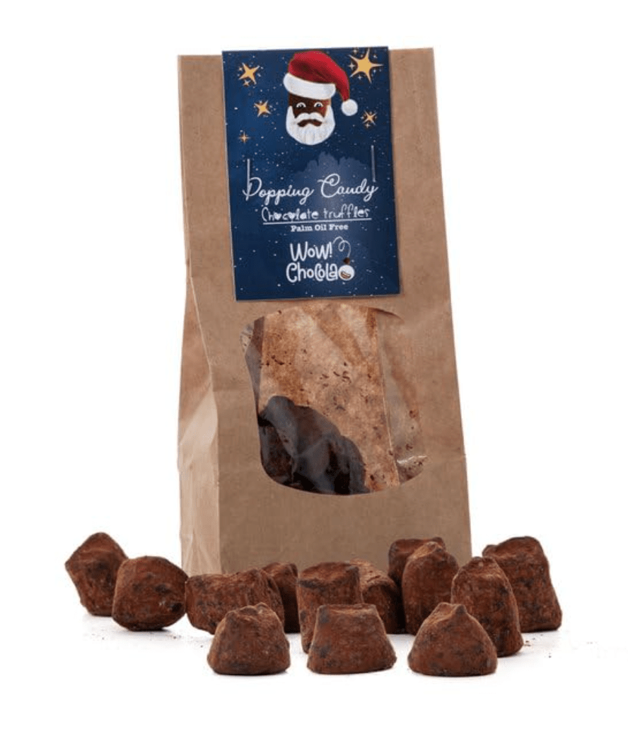 Zakje chocoladetruffels met knettersuiker van WOW Chocolao!, kersteditie