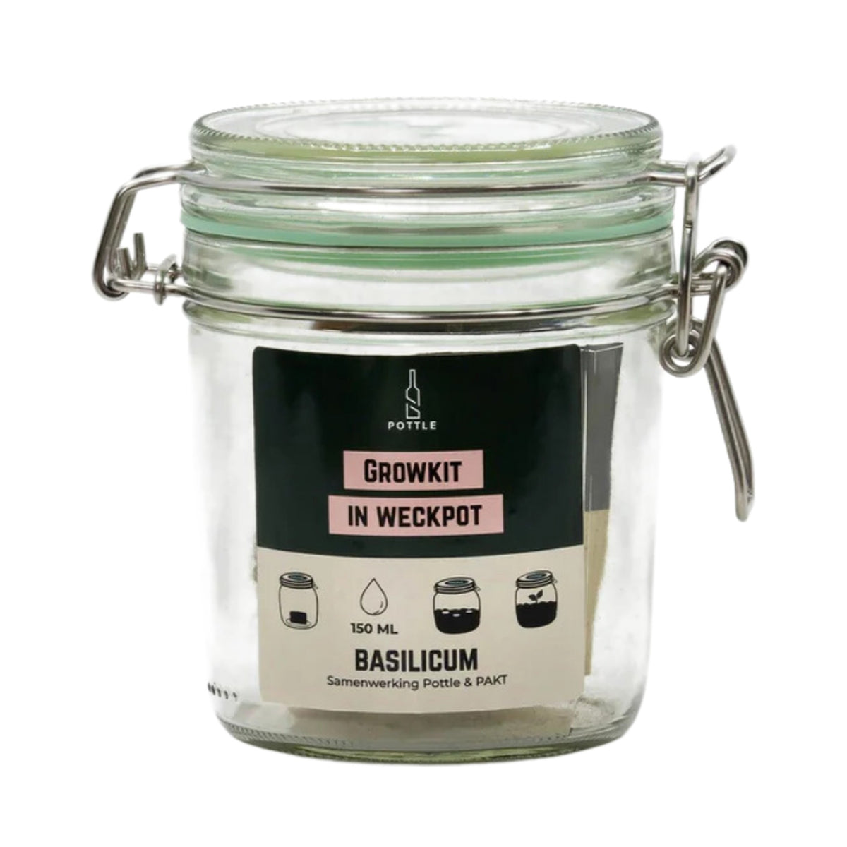 Weckpot growkit (basilicum) op een witte achtergrond