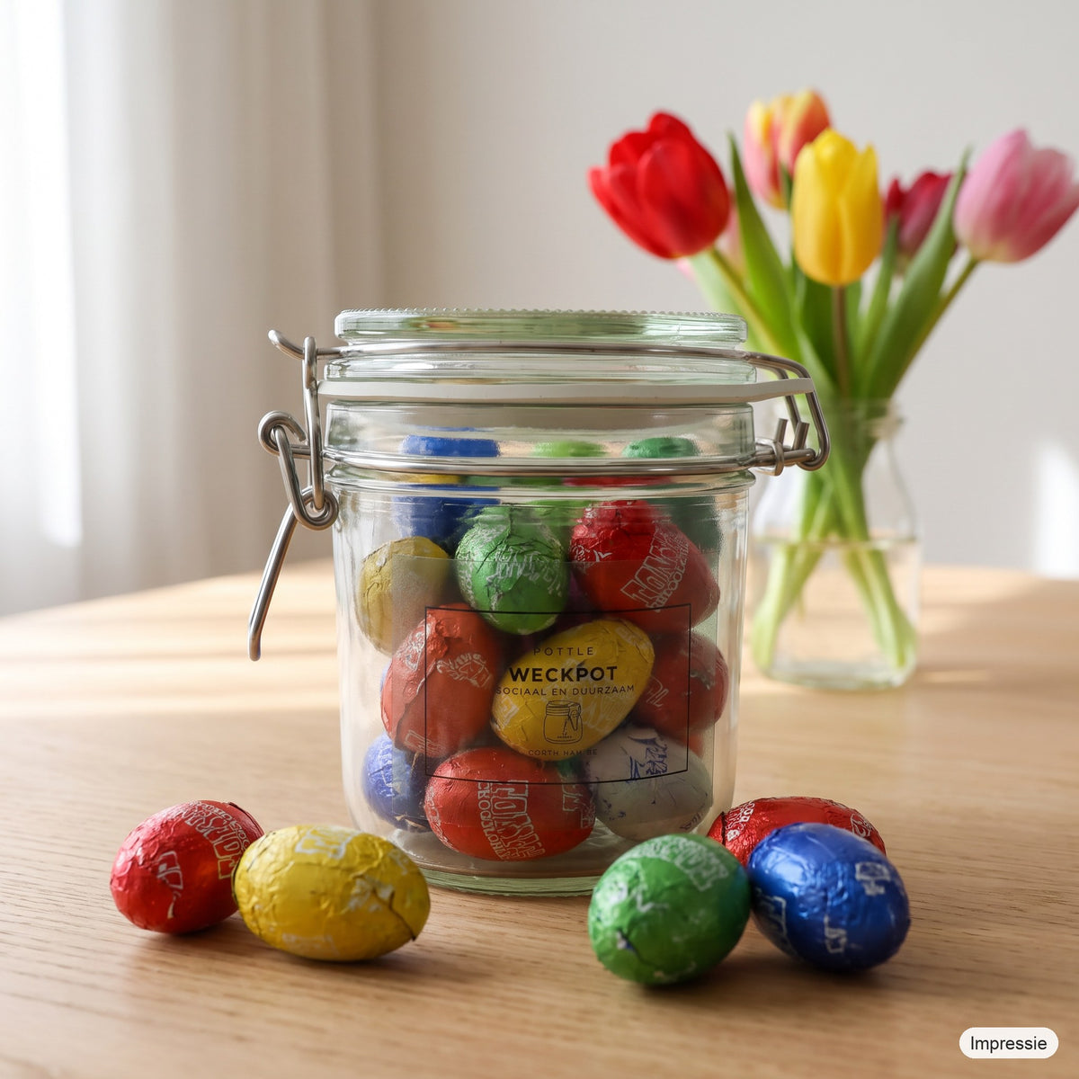 Weckpot 530 ml met Tony's paaseieren op de ontbijttafel met tulpen (impressie)