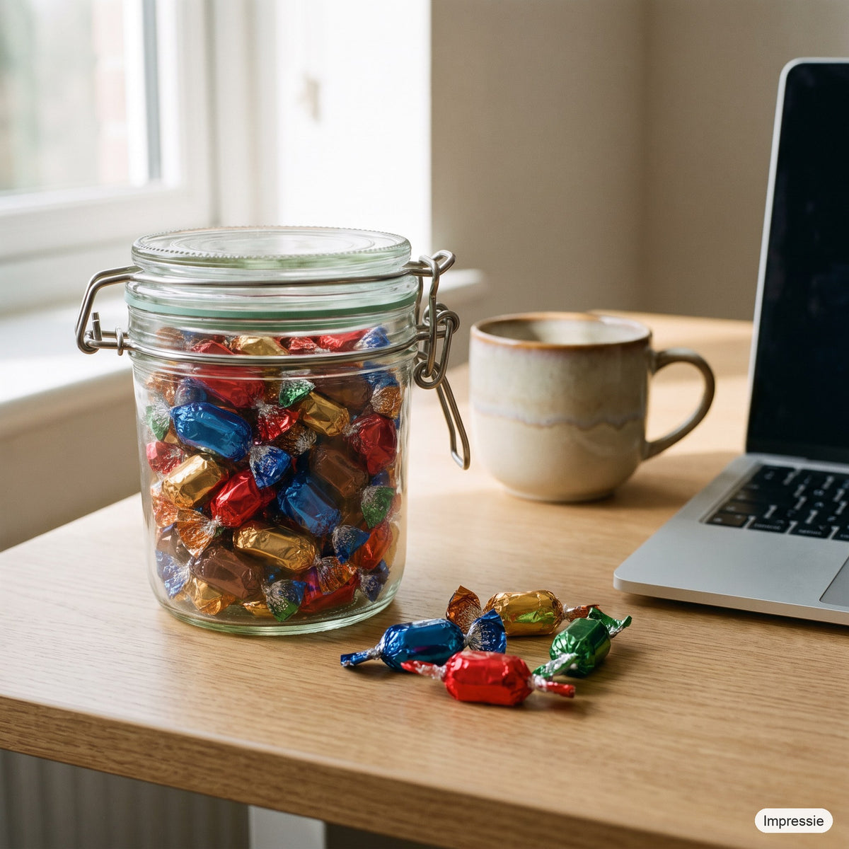 Gevulde weckpot (Celebrations) op een bureau naast een kop koffie (impressie)