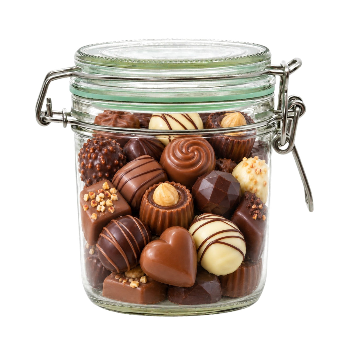 Gevulde weckpot (chocolade assorti) op een witte achtergrond