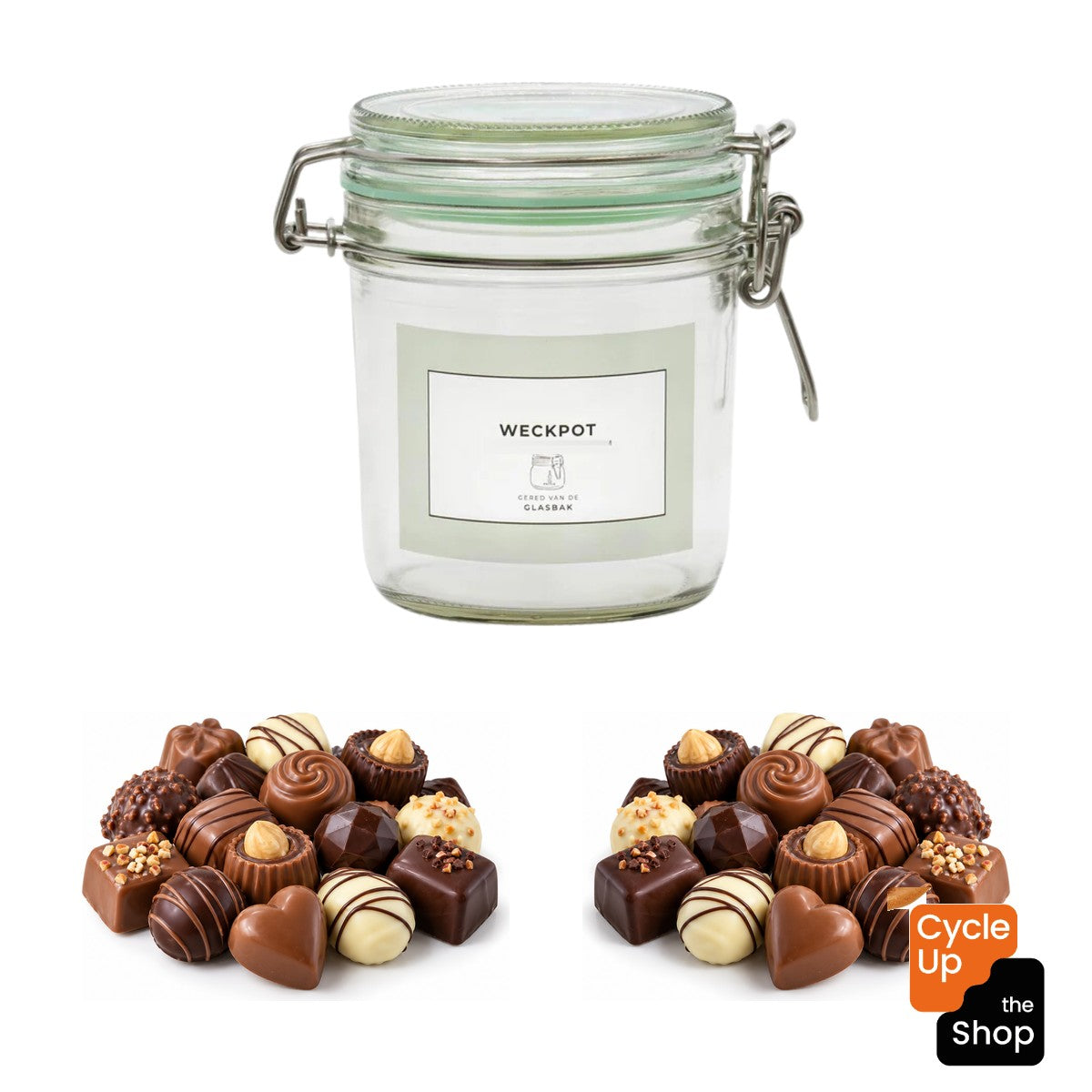 Geredde weckpot van 530 ml met chocolade assorti