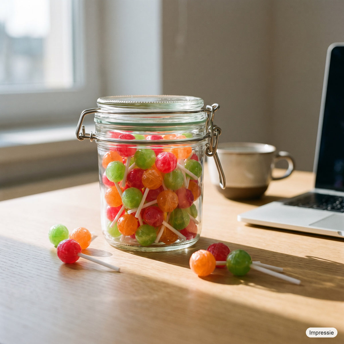 Gevulde weckpot (lolly's) op een bureau naast een kop koffie (impressie)