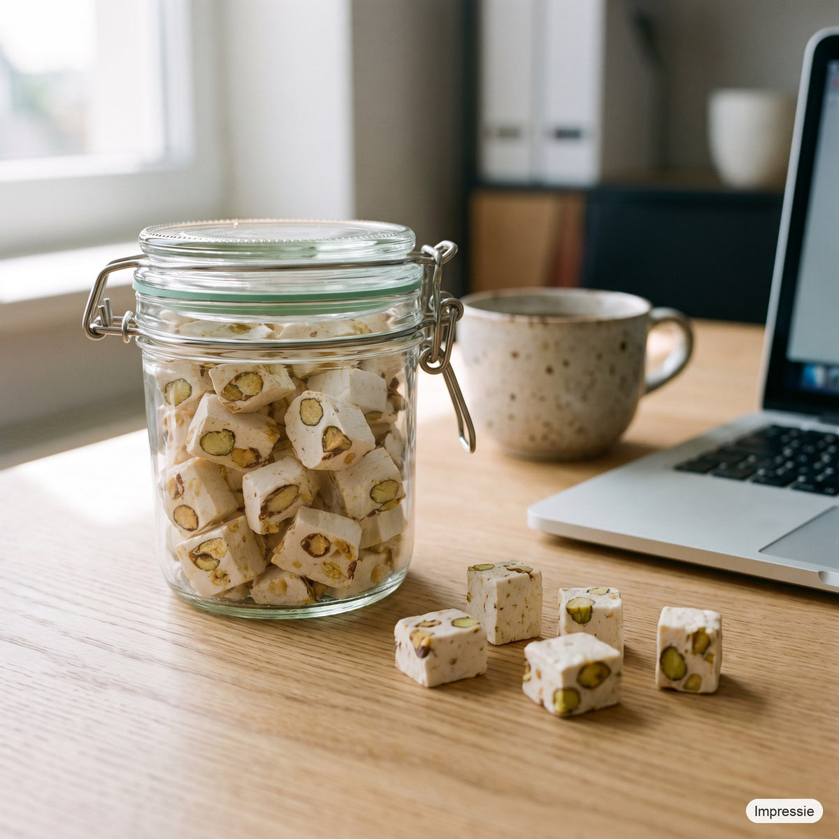 Gevulde weckpot (nougat) op een bureau naast een kop koffie (impressie)