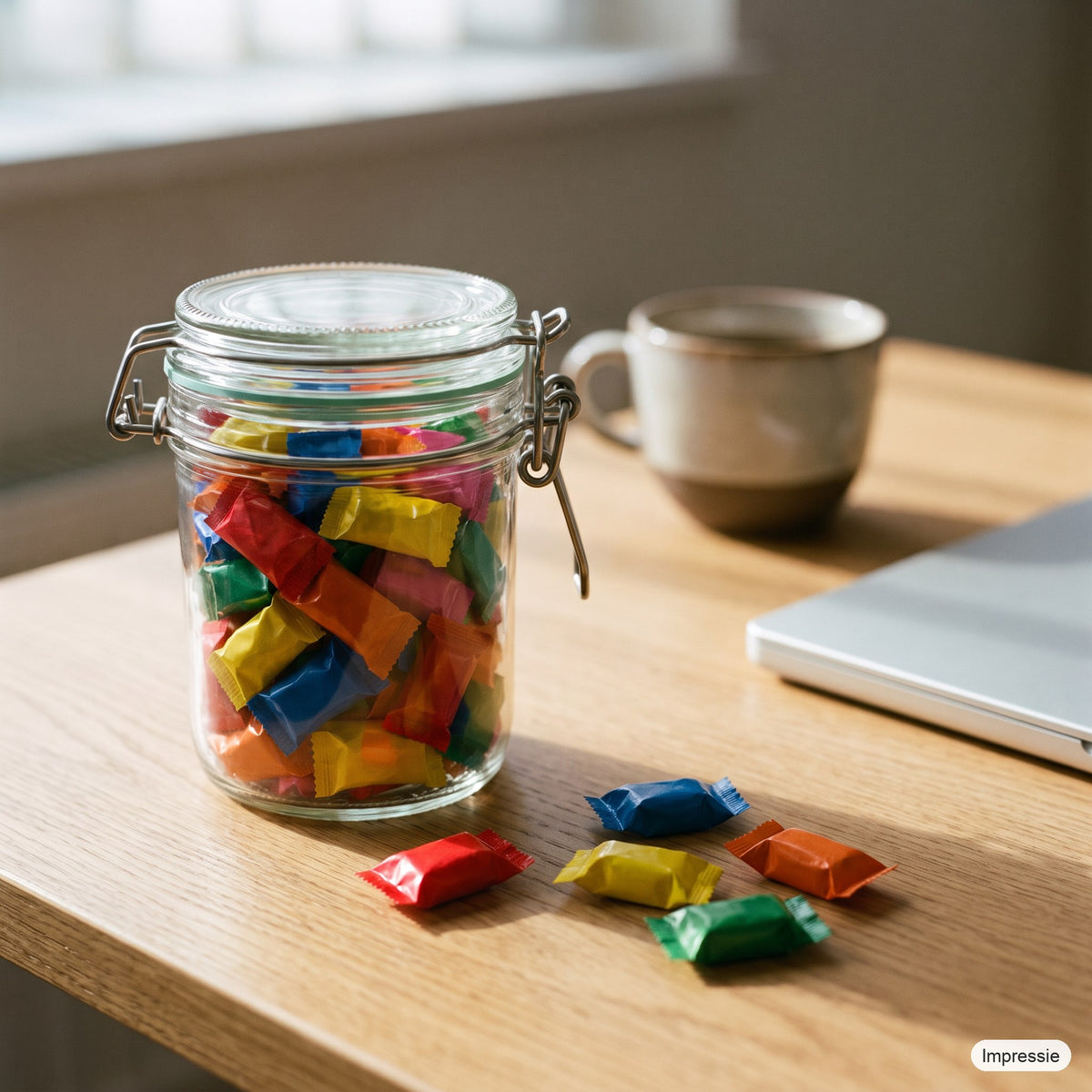 Gevulde weckpot (Tony's Chocolonely) op een bureau naast een kop koffie (impressie)