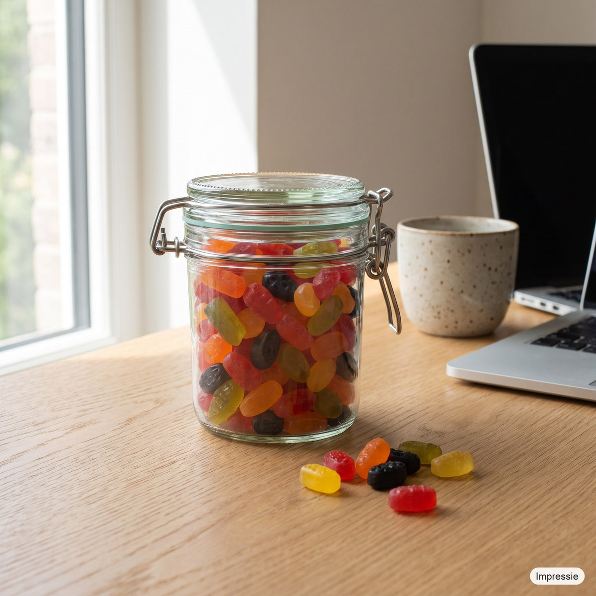 Gevulde weckpot (winegums) op een bureau naast een kop koffie (impressie)