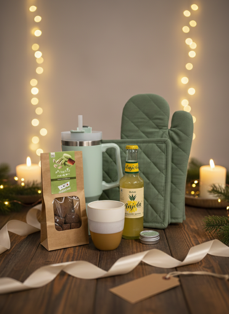 Kerstpakket Groen en goed met thermosbeker, ovenwanten, chocolade en een drankje