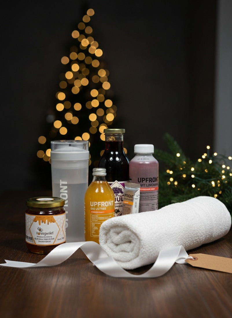 Kerstpakket Sportieve kerst met drankjes van Upfront, honing en een handdoek