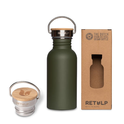 Drinkfles Urban van 500 ml in bosgroen met de dop en de doos van Retulp