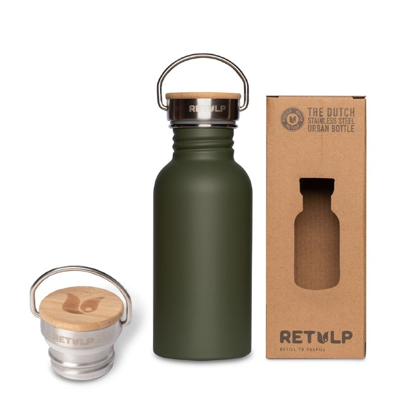 Drinkfles Urban van 500 ml in bosgroen met de dop en de doos van Retulp
