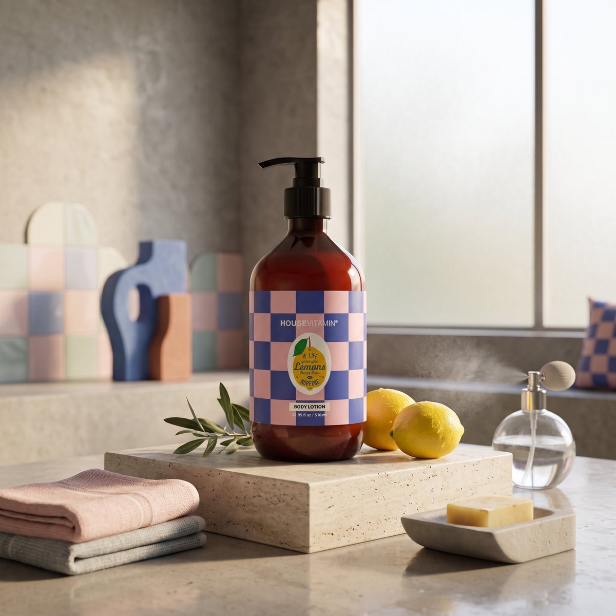 Bodylotion Citroen, Bergamot en Basilicum in de badkamer naast citroenen, een handdoek en een stuk zeep