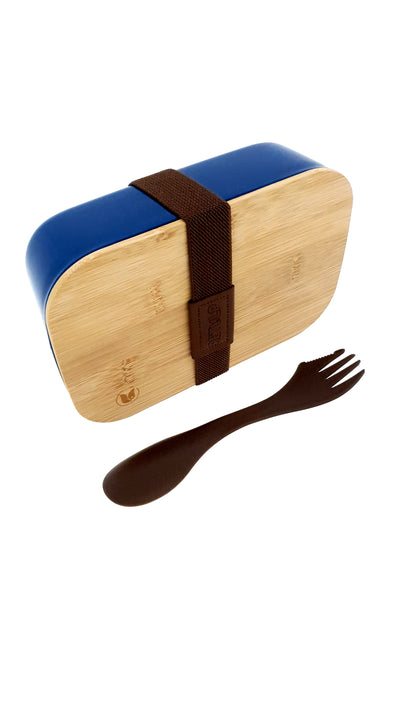 Lunchbox van Retulp met bamboe deksel, blauwe bak, elastische band en spork