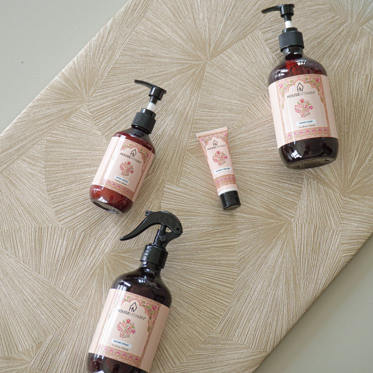 Handzeep Amber met roomspray en mini handcrème in dezelfde print