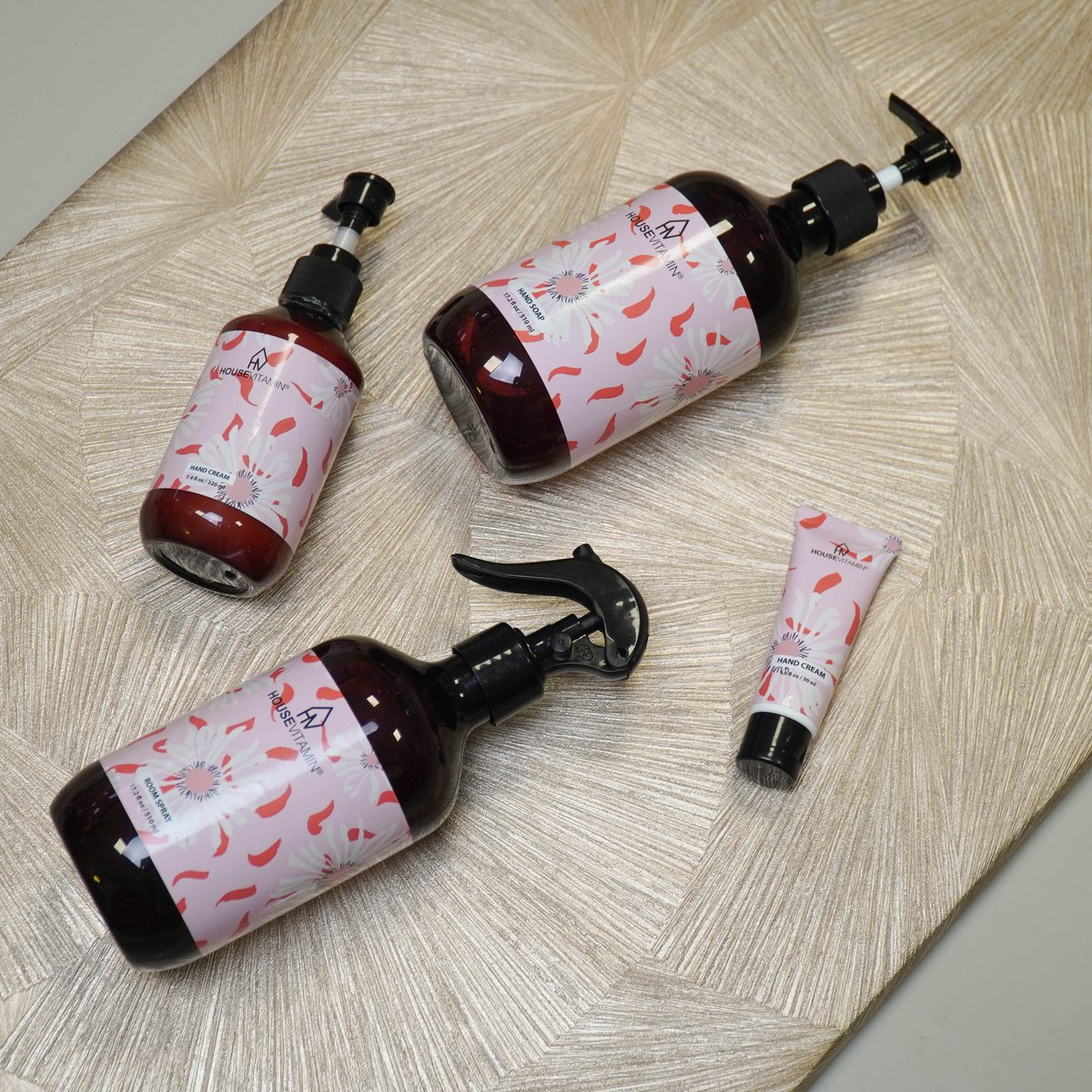 Handzeep Pioenroos met roomspray en mini handcrème in dezelfde print