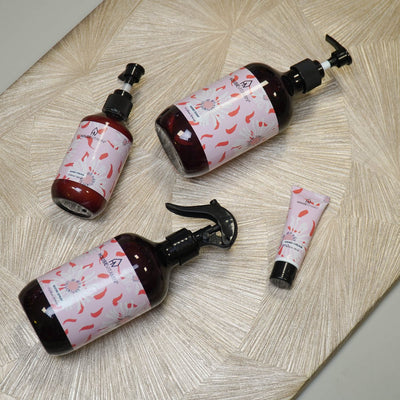 Handzeep Pioenroos met roomspray en mini handcrème in dezelfde print