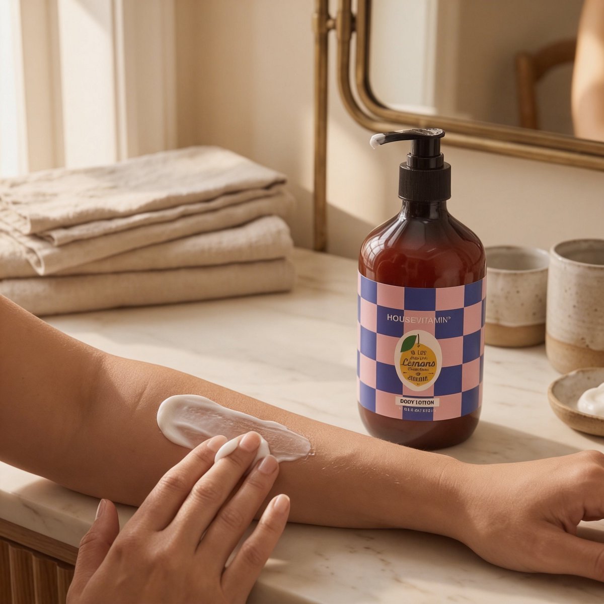 Bodylotion Citroen, Bergamot en Basilicum op een badkamerplank, iemand smeert lotion op de arm