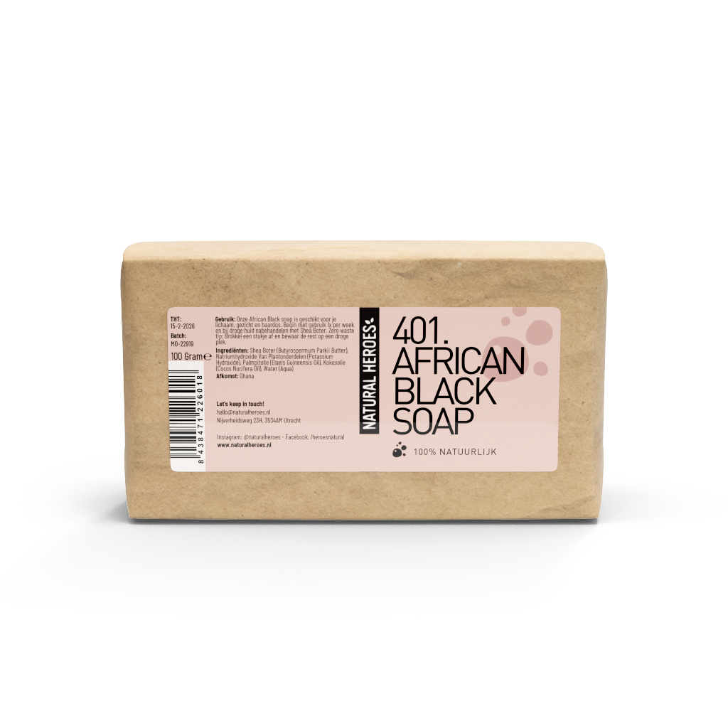 African Black Soap van Natural Heroes, blok van 100 gram in een papieren wikkel