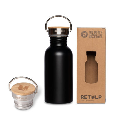 Drinkfles Urban van 500 ml in zwart met de dop en de doos van Retulp