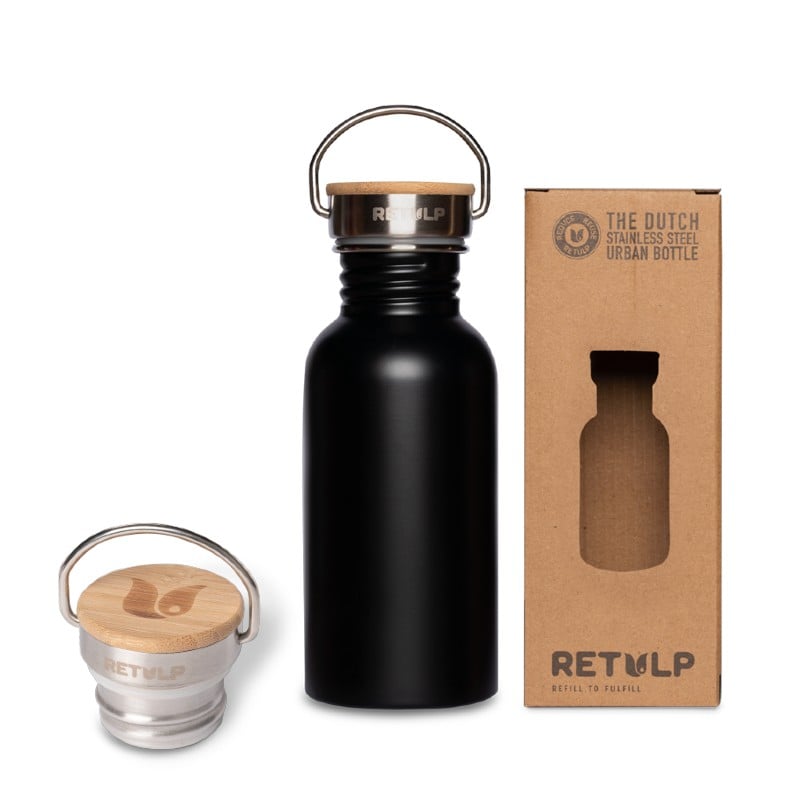 Drinkfles Urban van 500 ml in zwart met de dop en de doos van Retulp