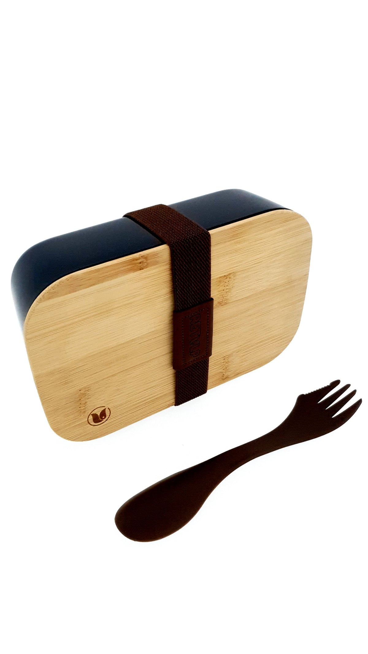 Lunchbox van Retulp met bamboe deksel, zwarte bak, elastische band en spork