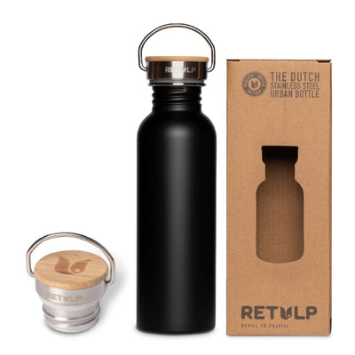 Drinkfles Urban van 750 ml in zwart met de dop en de doos van Retulp