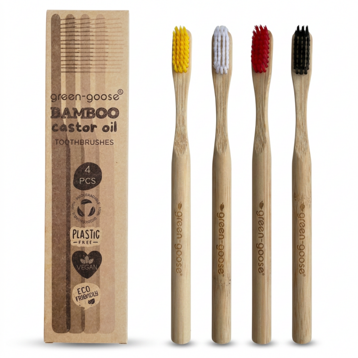 Bamboe tandenborstels met castorolie haartjes, 4 stuks