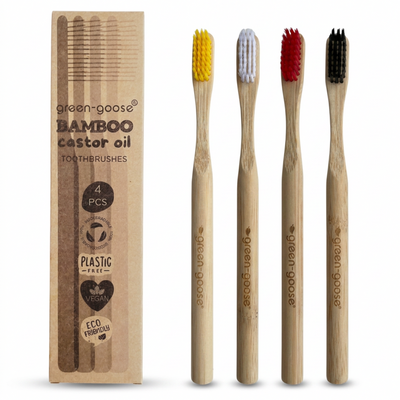 Bamboe tandenborstels met castorolie haartjes, 4 stuks