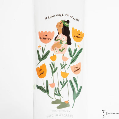 Detail van de illustratie met oranje en roze bloemen