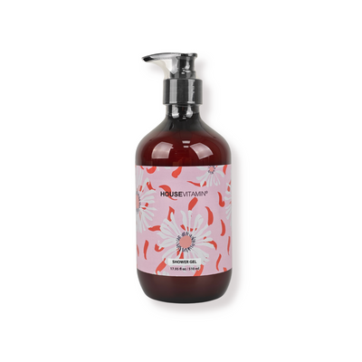 Vegan douchegel Pioenroos van Housevitamin, pompfles met bloemenprint
