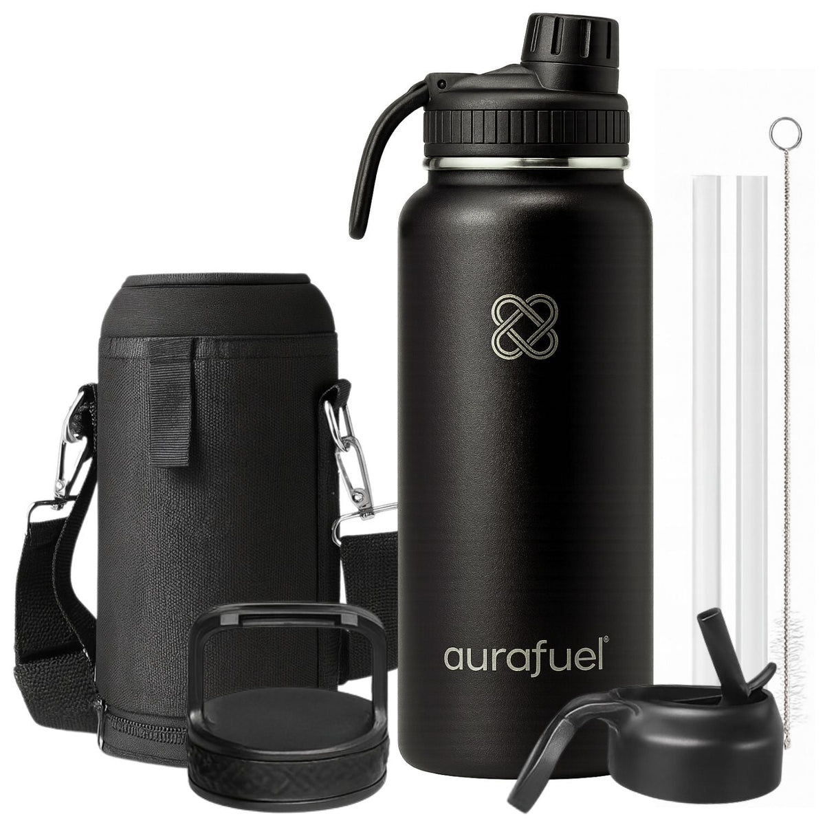 Drinkfles met draagtas, twee extra deksels, twee rietjes en een borsteltje