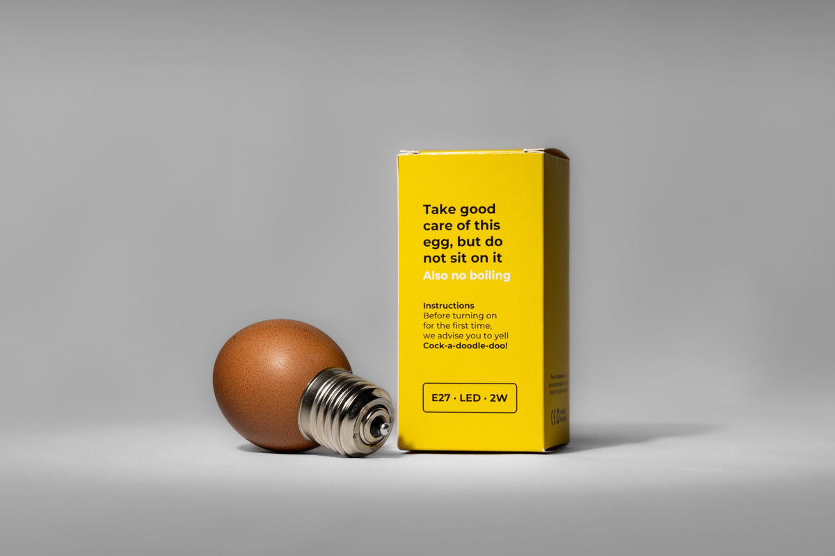 Egglamp Brown liggend naast de gele doos