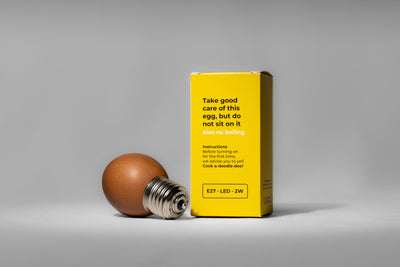 Egglamp Brown liggend naast de gele doos
