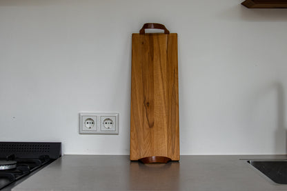 Borrelplank beuken met leren handvaten - luxe serveerplank - 48x17 cm
