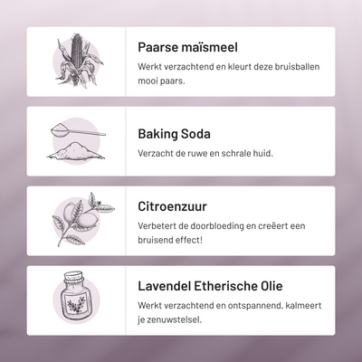 Overzicht van de ingrediënten: paars maïsmeel, baking soda, citroenzuur en lavendelolie