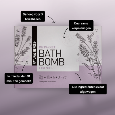 Doos van het DIY-pakket bruisballen met uitleg: genoeg voor 3 bruisballen, alle ingrediënten afgewogen