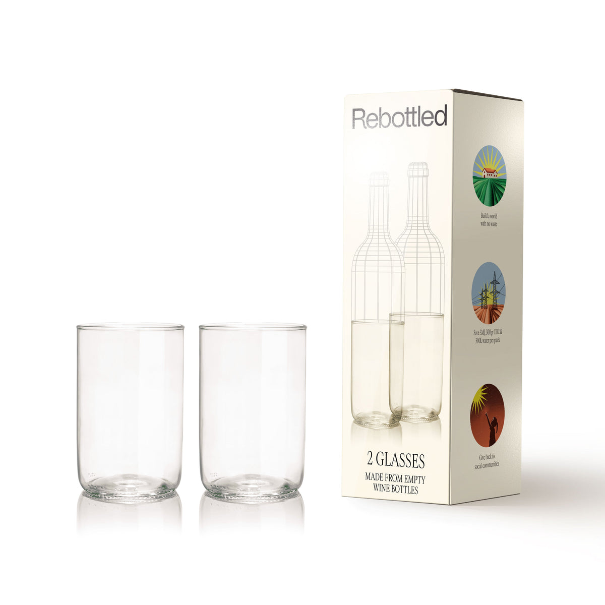 Twee transparante drinkglazen van Rebottled naast de verpakking