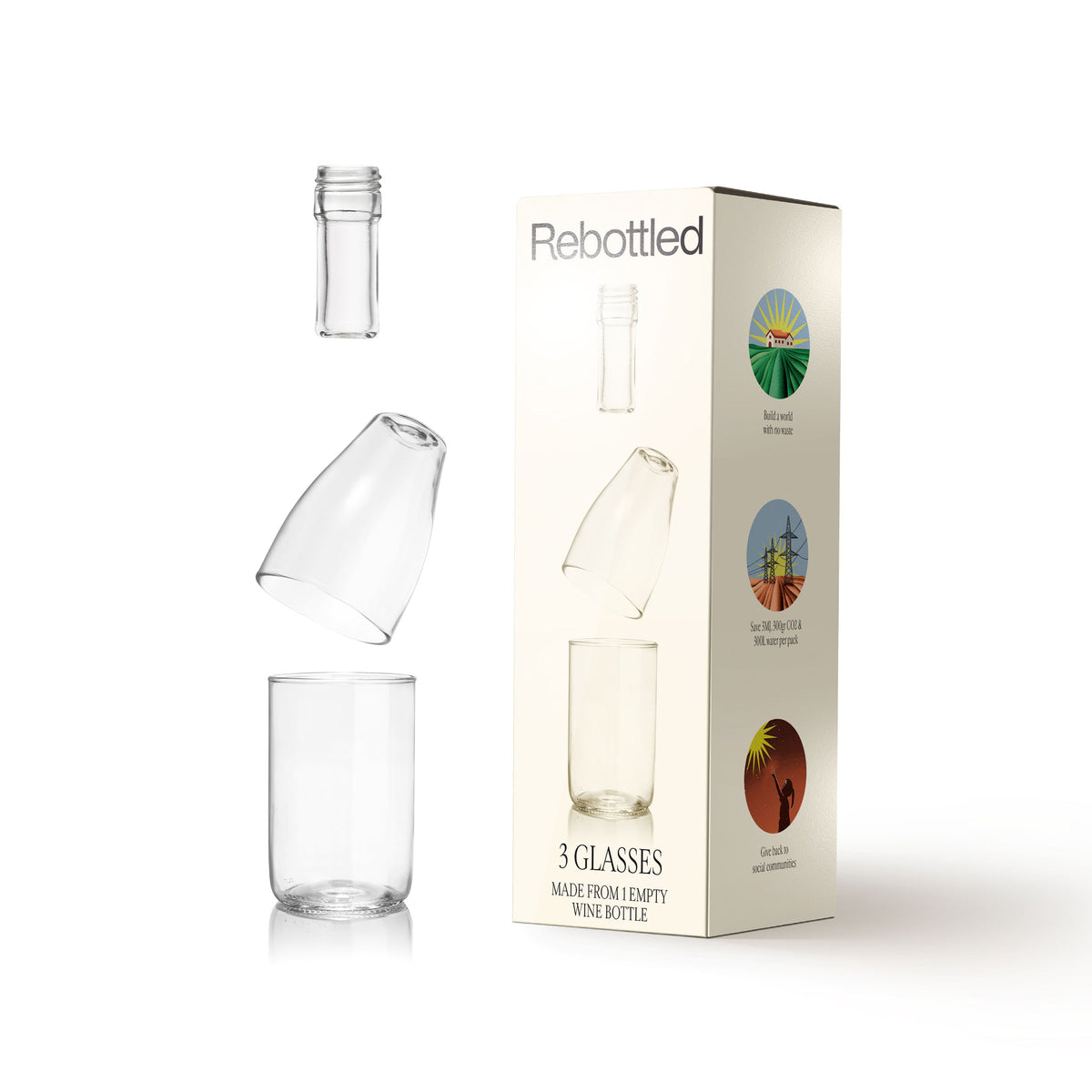 Drie transparante glazen van Rebottled naast de verpakking