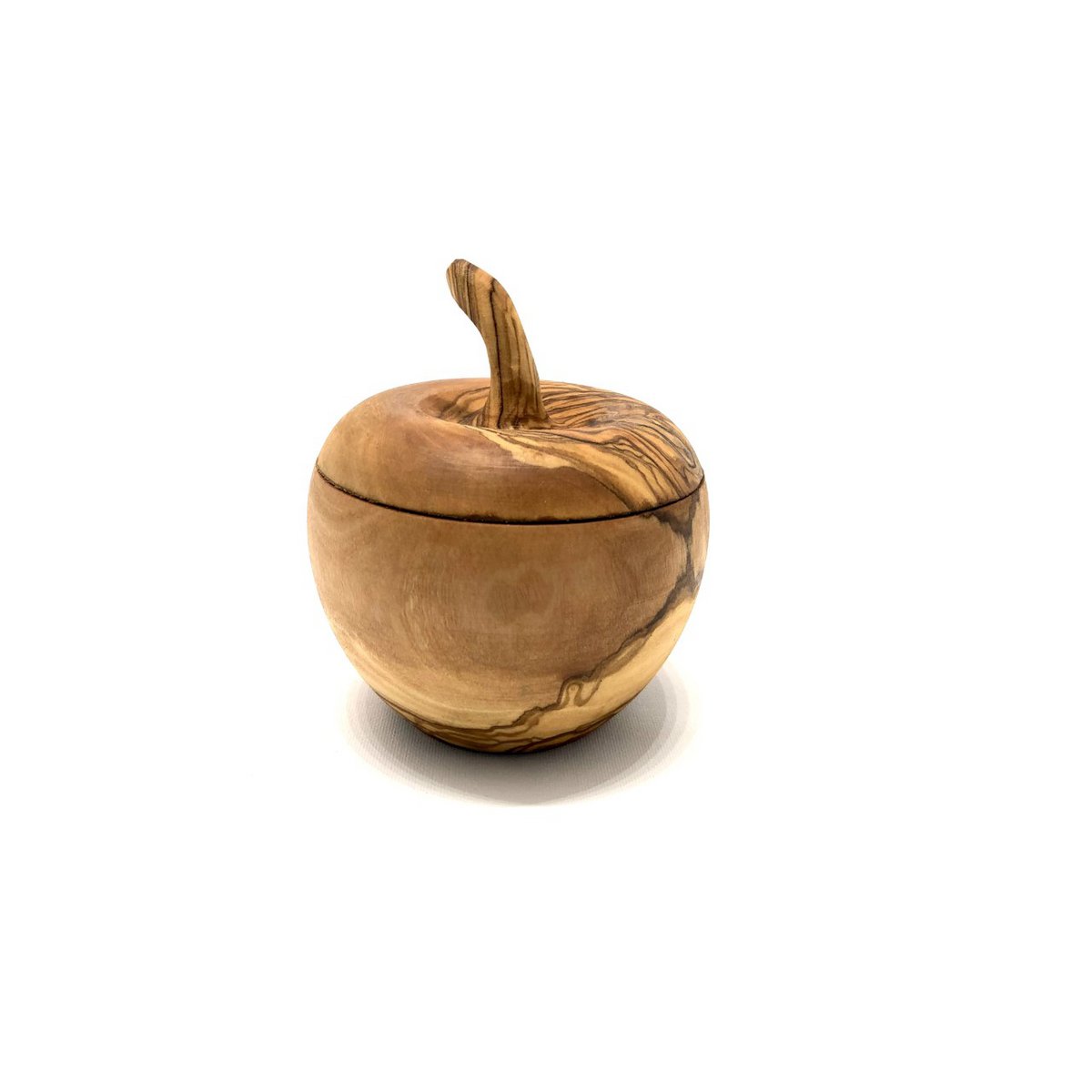 Appelvormig zoutpotje van olijfhout, dicht, van opzij
