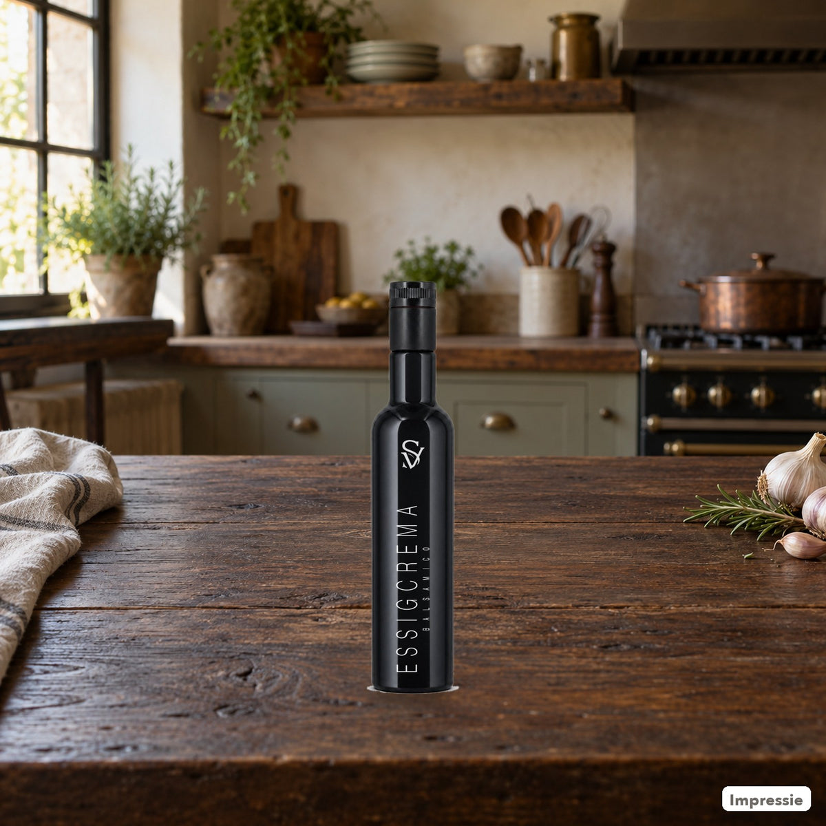 Balsamico crema met Aceto Balsamico di Modena op een houten keukentafel (impressie)