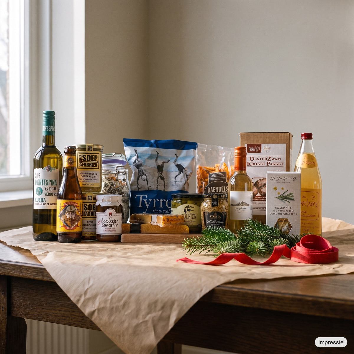 Bourgondisch kerstpakket - XL op een houten tafel met kraftpapier, dennentakken en een rood lint (impressie)