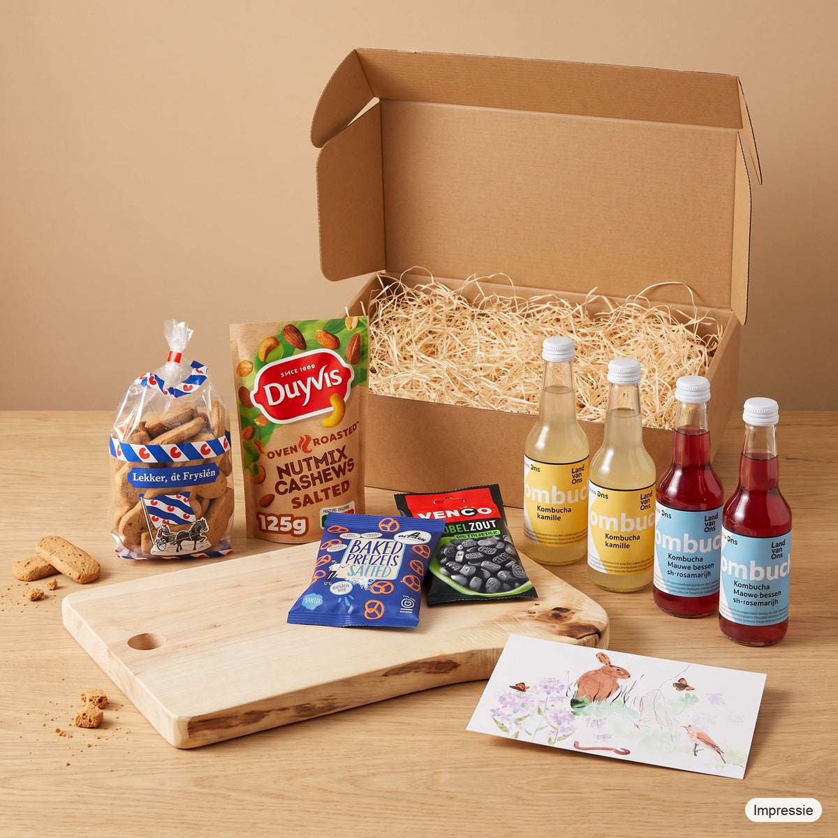 Impressie van het grote borrelpakket: robuuste borrelplank van stadshout met dúmkes, notenmix, pretzels, drop, vier kombucha en een kaart