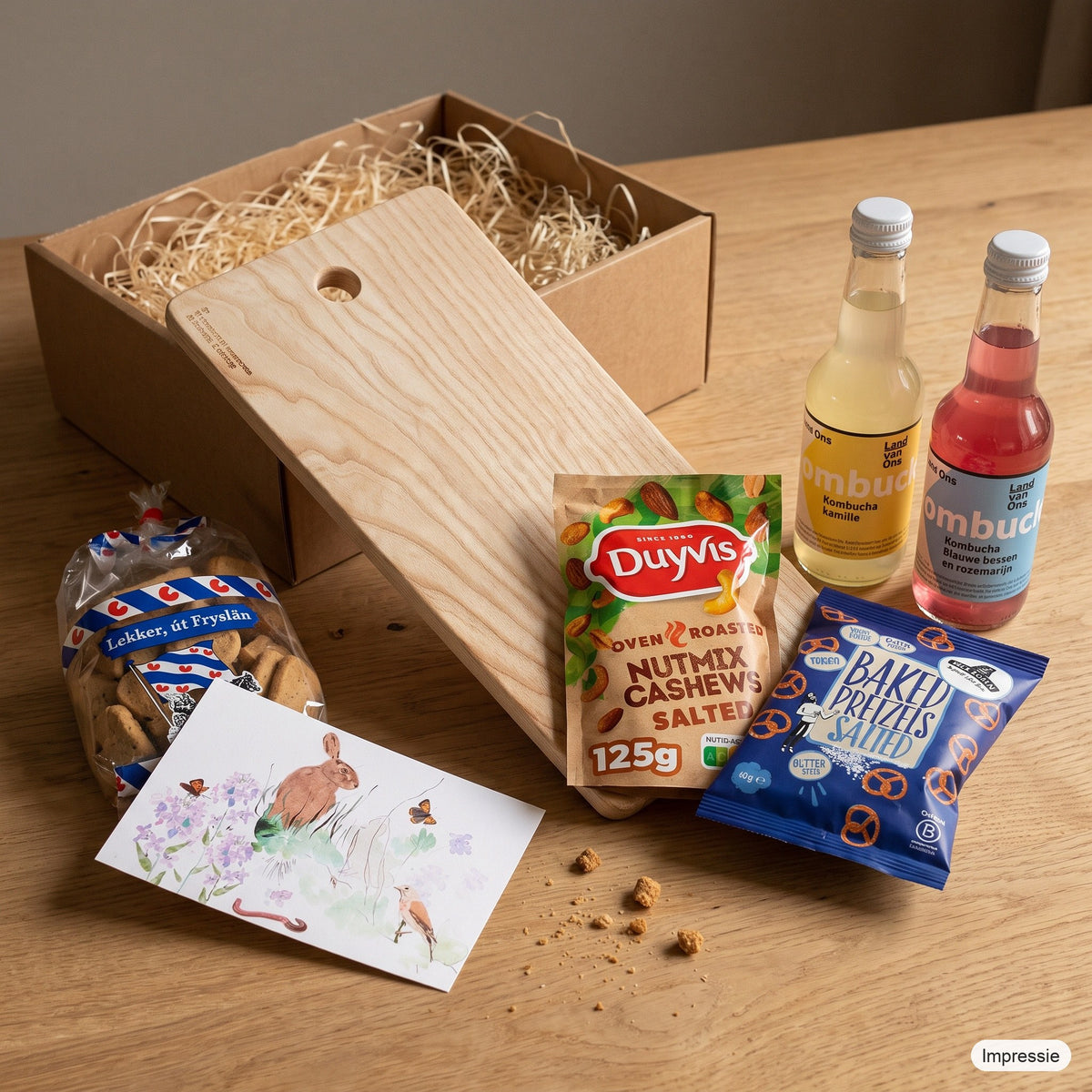Impressie van het borrelpakket met de doos, de borrelplank en de lekkernijen op tafel
