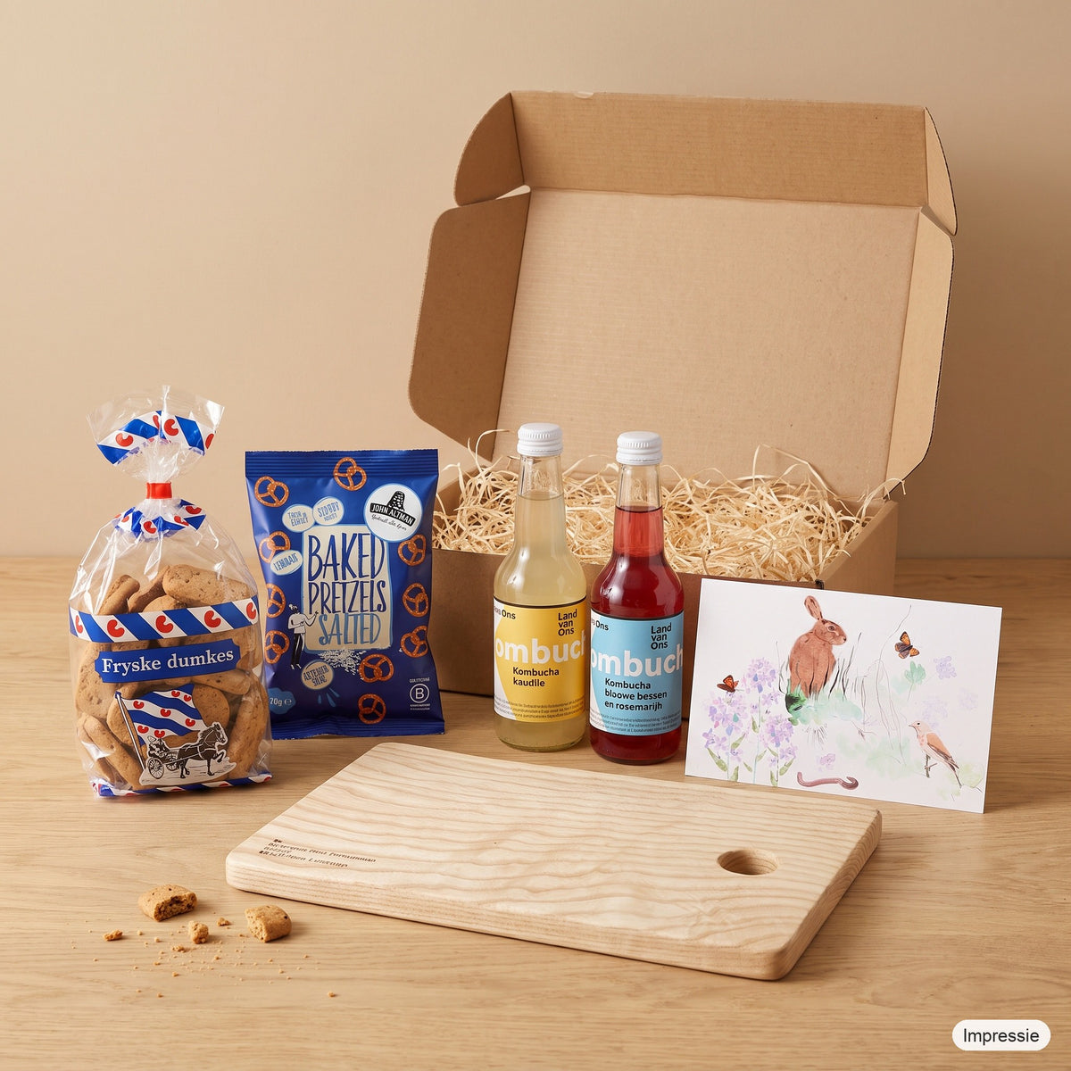 Impressie van het borrelpakket voor twee: kleine borrelplank van stadshout met dúmkes, pretzels, twee kombucha en een kaart