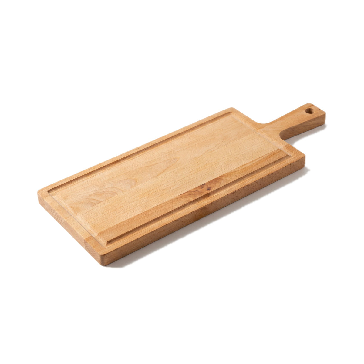 Borrelplank beuken met handvat en sapgeul - 48x17 cm op een witte achtergrond